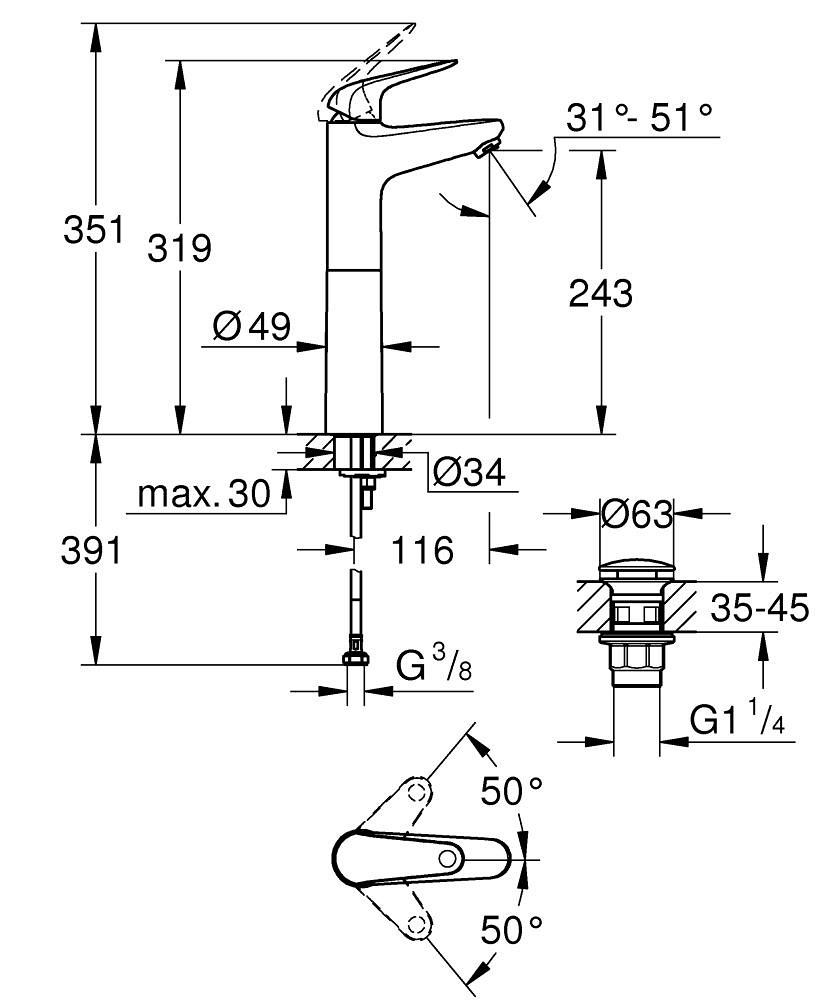 GROHE Swift Miscelatore Monocomando per Lavabo XL Cromo - Cartuccia Ceramica 28 mm, Installazione Rapida, Limitatore di Temperatura