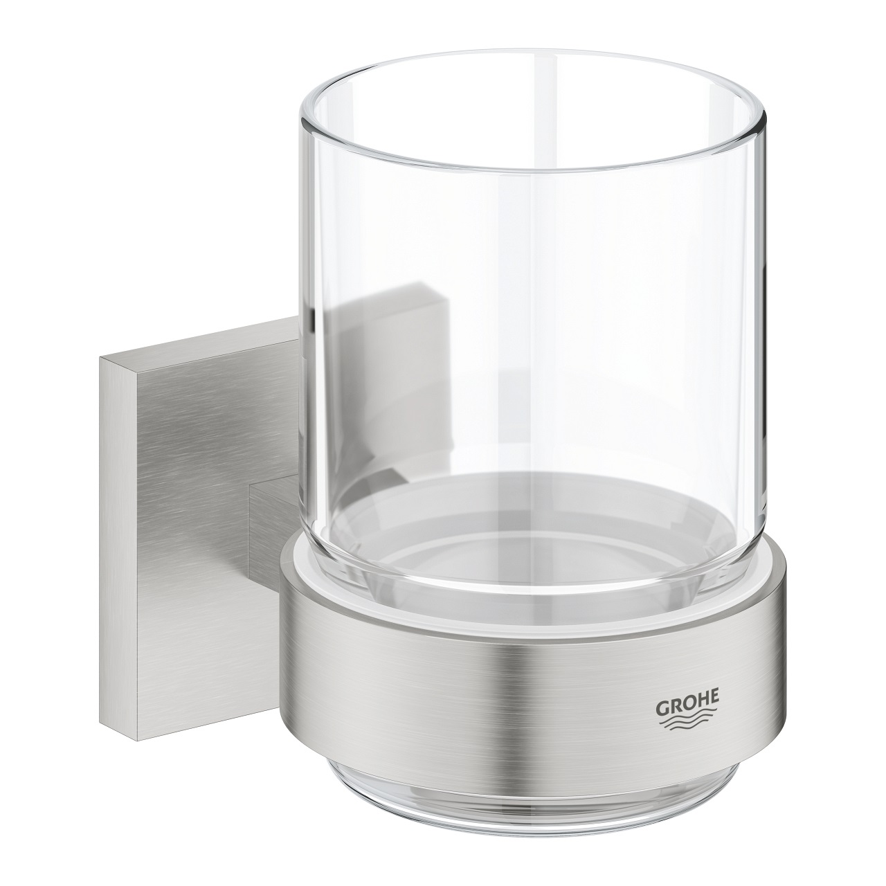 GROHE Start Cube Bicchiere Porta Spazzolini in Vetro con Supporto, Installazione a Vite o Colla, Finitura Super Steel, Modello 41097DC0