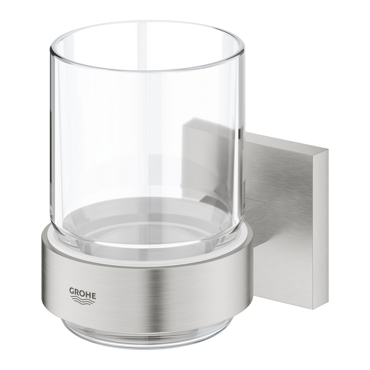 GROHE Start Cube Bicchiere Porta Spazzolini in Vetro con Supporto, Installazione a Vite o Colla, Finitura Super Steel, Modello 41097DC0