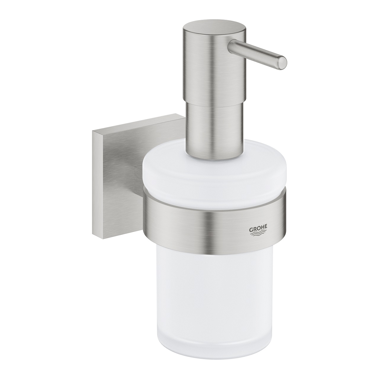 GROHE Start Cube Dispenser di Sapone in Vetro con Supporto in Metallo, Finitura Supersteel, Installazione a Vite o Colla