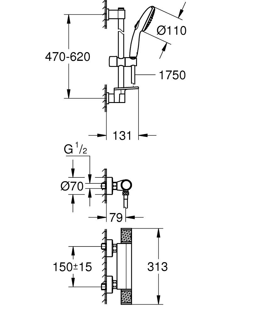 Grohe Precision Feel Miscelatore Termostatico per Doccia con Set Doccia 3 Getti e Asta Vitalio Start 60 cm, Cod. 34791001, Cromo