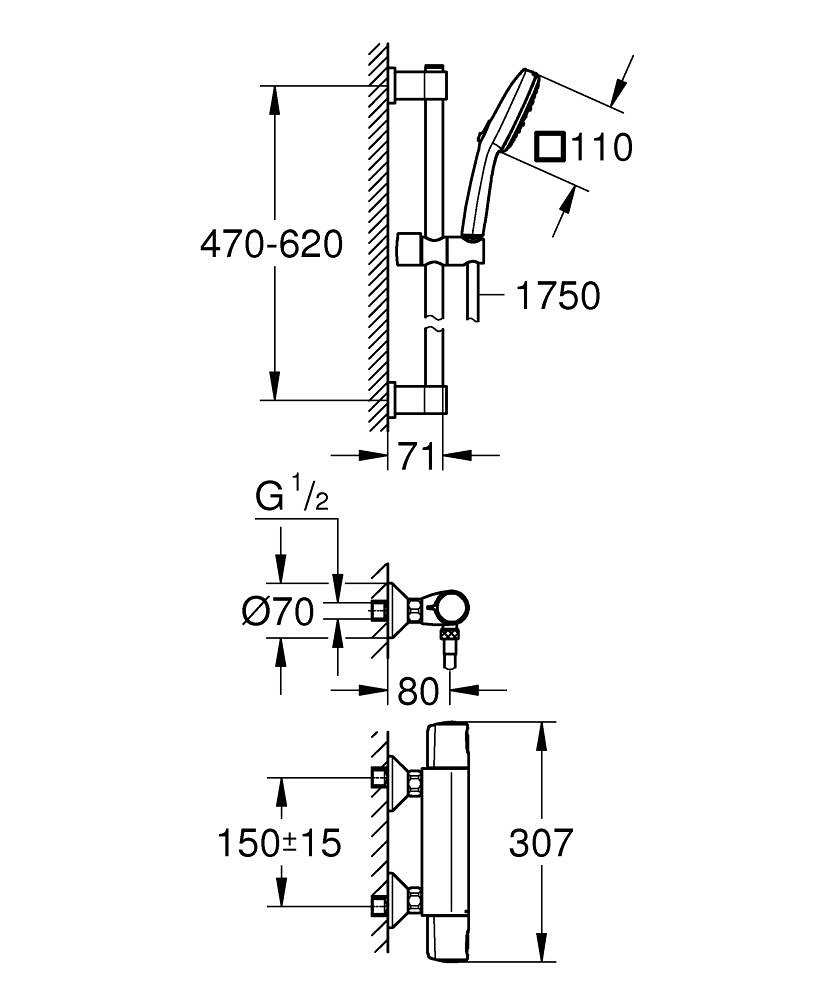 Grohe Precision Trend Miscelatore Termostatico per Doccia con Set Doccia 3 Getti (Rain, Jet, Massage) - Codice 34237003