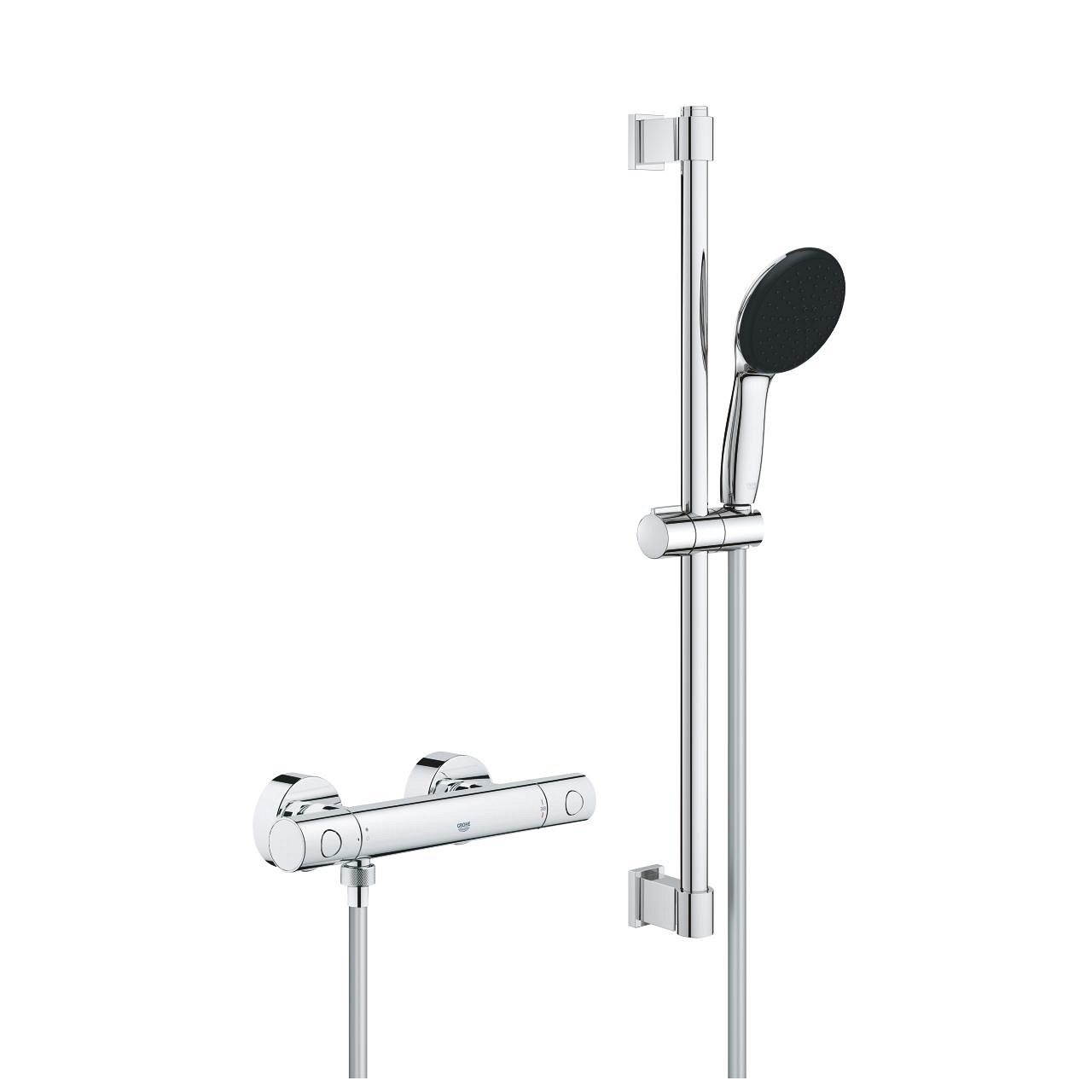 GROHE Precision Get Miscelatore Termostatico per Doccia con Set Doccia 1 Getto Rain, Asta Doccia Vitalio Start 110 600mm, Grohe FastFixation e Piedino Regolabile
