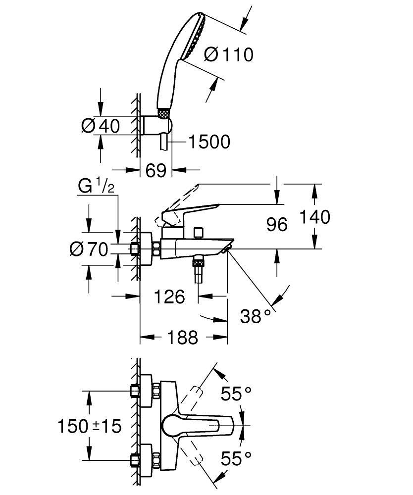 Grohe Start Miscelatore Monocomando per Vasca-Doccia 25283002 con Doccetta Vitalio Start 110 e Finitura Cromo Lucido