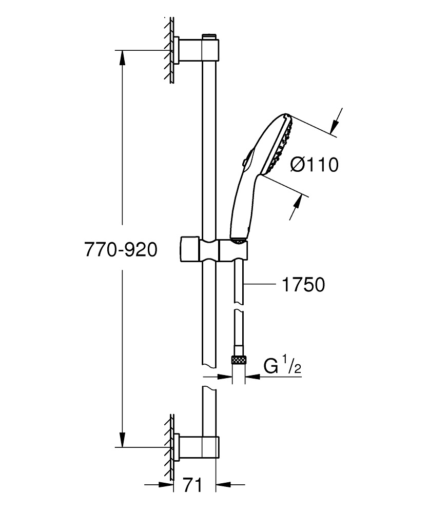 Grohe Vitalio Start 110 Set Doccia Cromo con 3 Tipi di Getto (Rain, Jet, Massage) - Composto da Manopola, Barra e Tubo Doccia