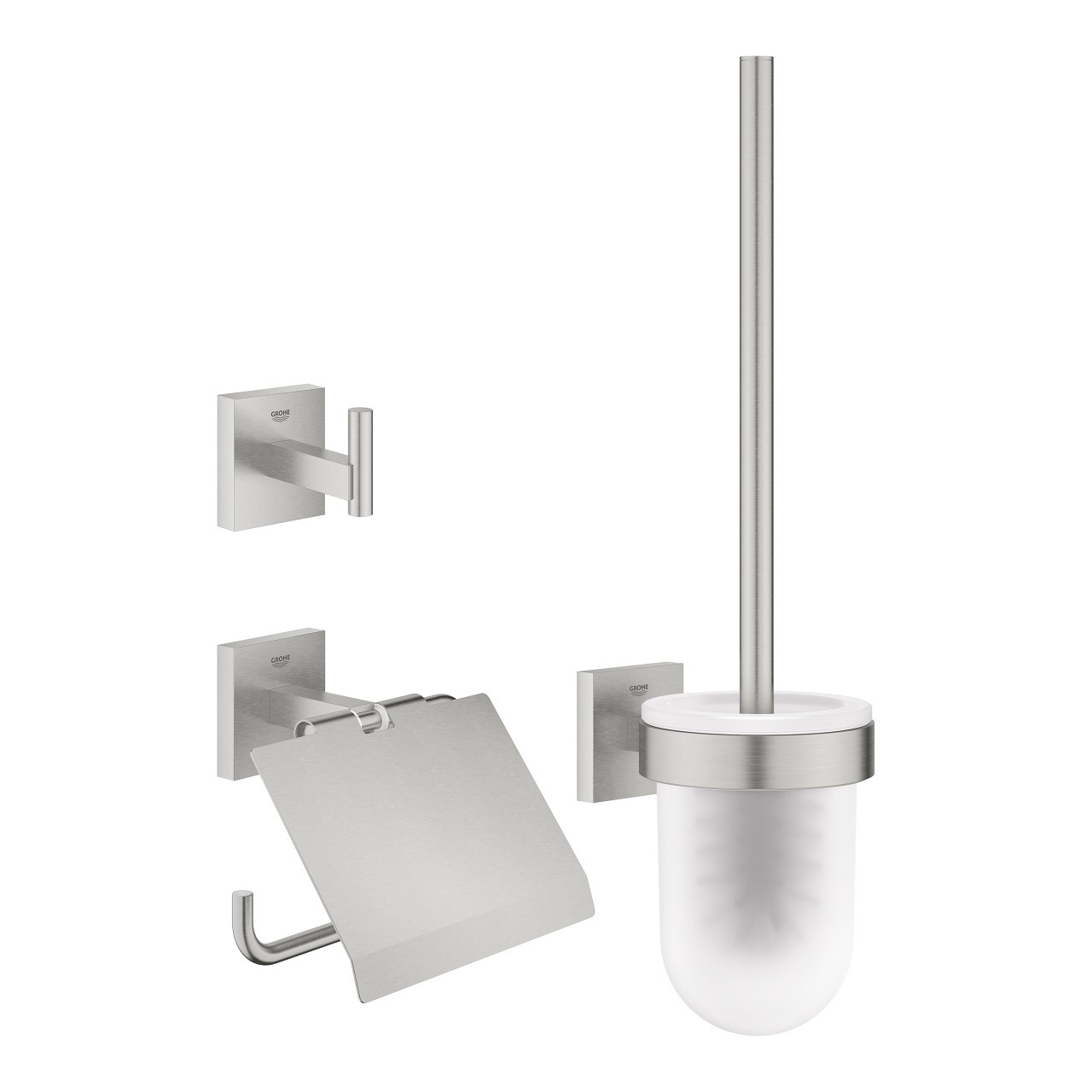 GROHE Start Cube Set Accessori Bagno 3-in-1 con Finitura Supersteel - Porta Rotolo, Porta Scopino e Appendiabito