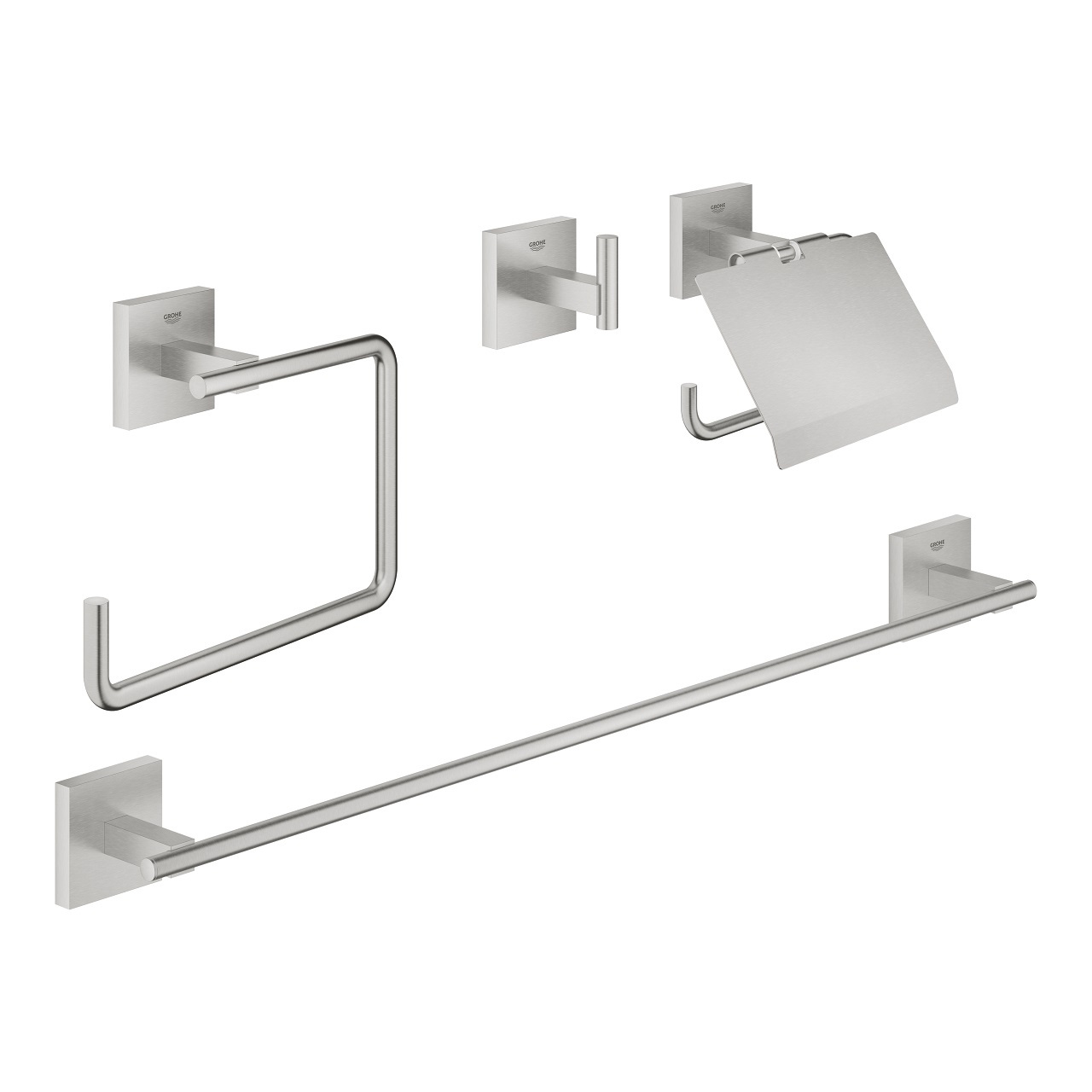GROHE Start Cube Set Accessori 4-in-1 in Cromo e Super Steel - Installazione a Vite o Colla, Include Anello Portasciugamani, Barra Portasciugamani, Gancio per Accappatoio e Porta Carta
