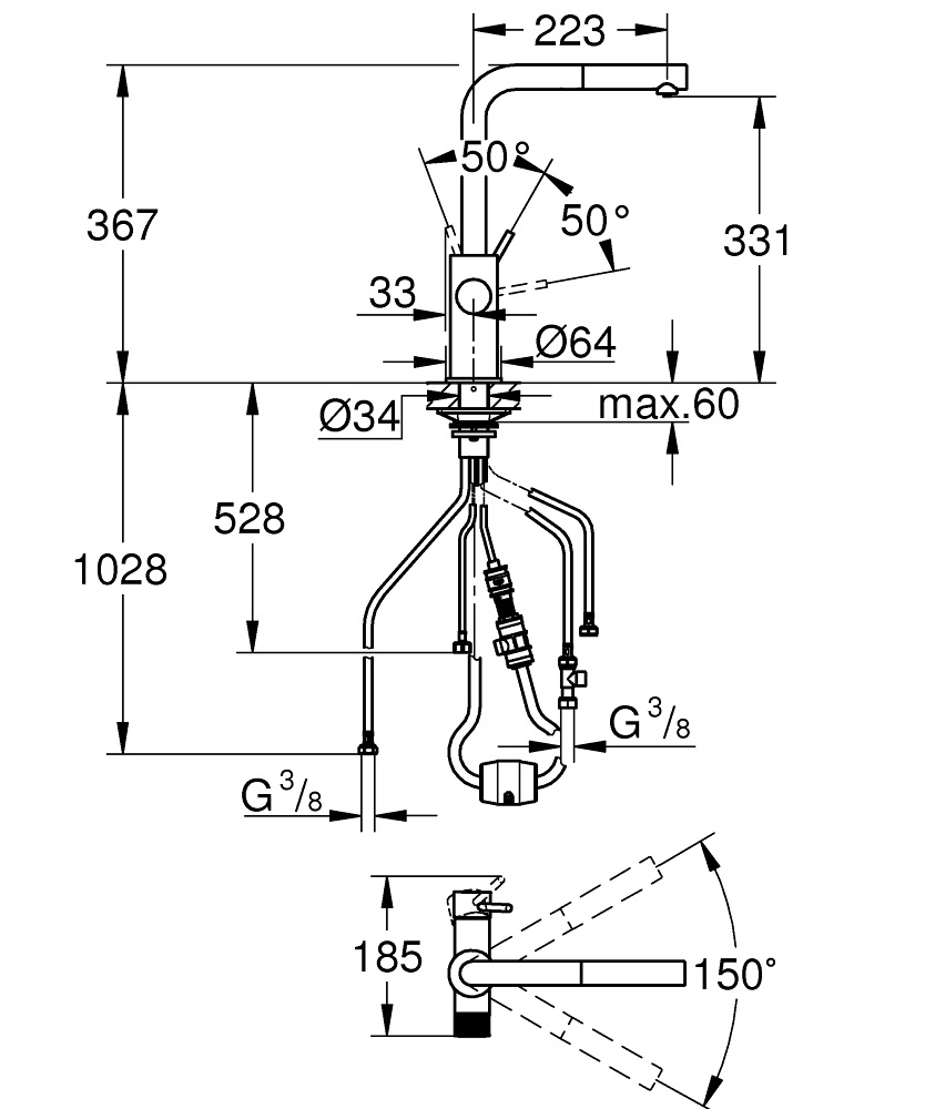 GROHE Blue Pure Minta Miscelatore Cucina a Tre Vie con Doccino Estraibile e Filtro a 5 Fasi - Nero Opaco