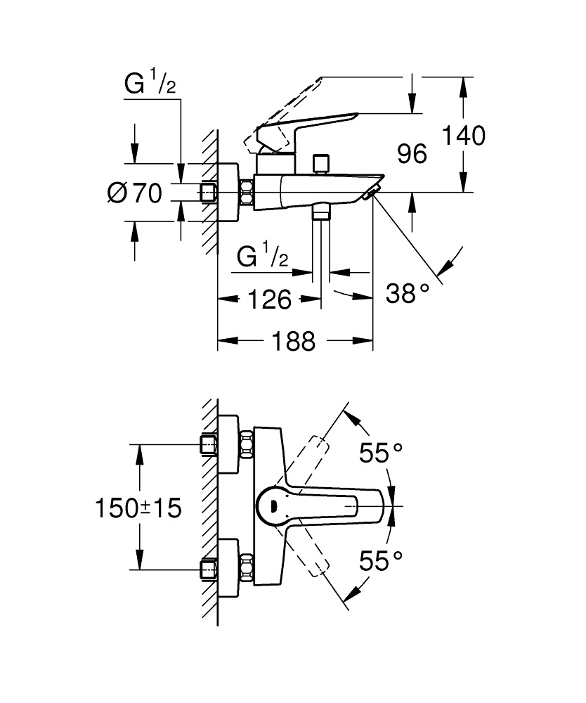 GROHE Start 322782432 - Miscelatore Monocomando per Vasca da Bagno con Deviatore Automatico, Montaggio a Parete, Finitura Nero Opaco, Leva in Metallo, Cartuccia Ceramica da 35 mm