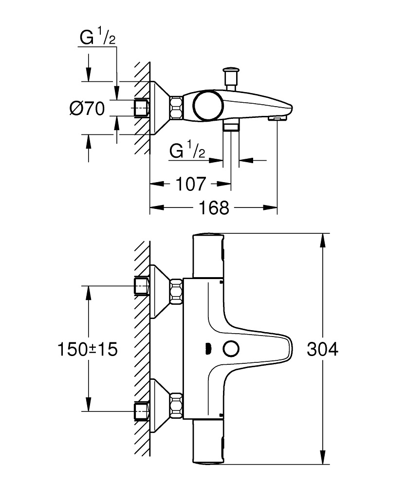 GROHE Precision Start - Miscelatore termostatico per vasca a parete, nero opaco, con deviatore automatico, risparmio idrico e pulsante di sicurezza a 38°C, codice 345982430