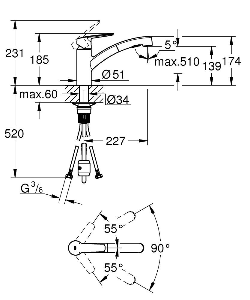 GROHE QUICKFIX Start - Miscelatore Monocomando per Lavello con Doccetta Estraibile a 2 Getti, Finitura Nero Opaco, Cod. 303072431