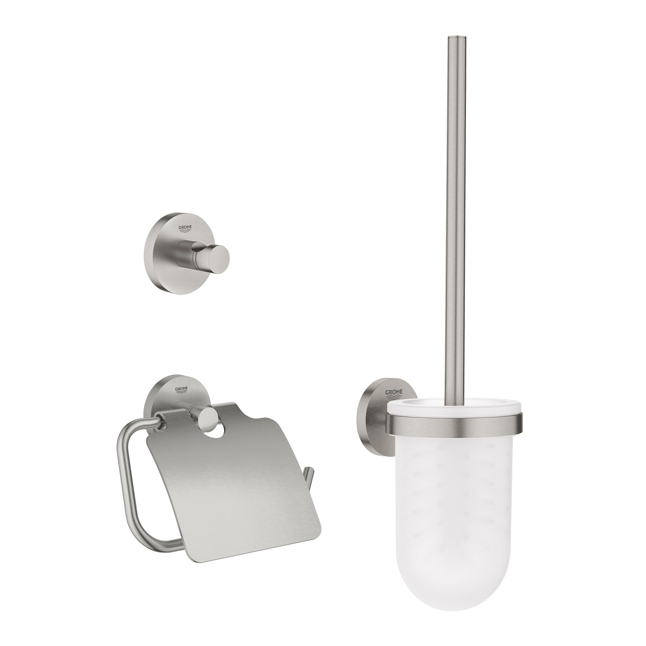 Grohe Start Set Accessori Bagno Supersteel - Portascopino, Gancio Accappatoio e Porta Carta con Fissaggio Inclusi