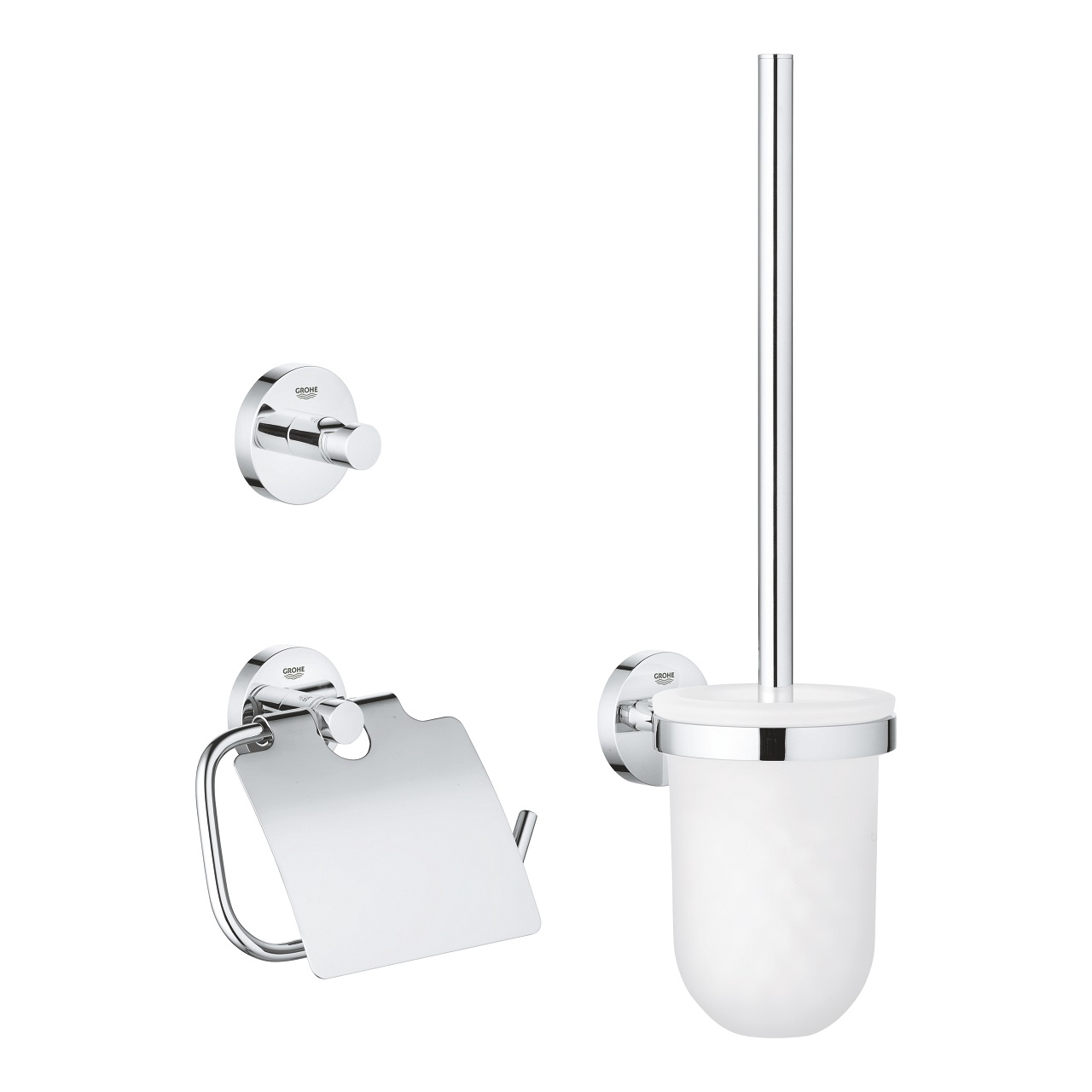 GROHE Start Set Accessori da Bagno 3 in 1 - Portarotolo con Coperchio, Scopino per WC, Gancio per Accappatoio, Montaggio Facile con QuickGlue, Cromo