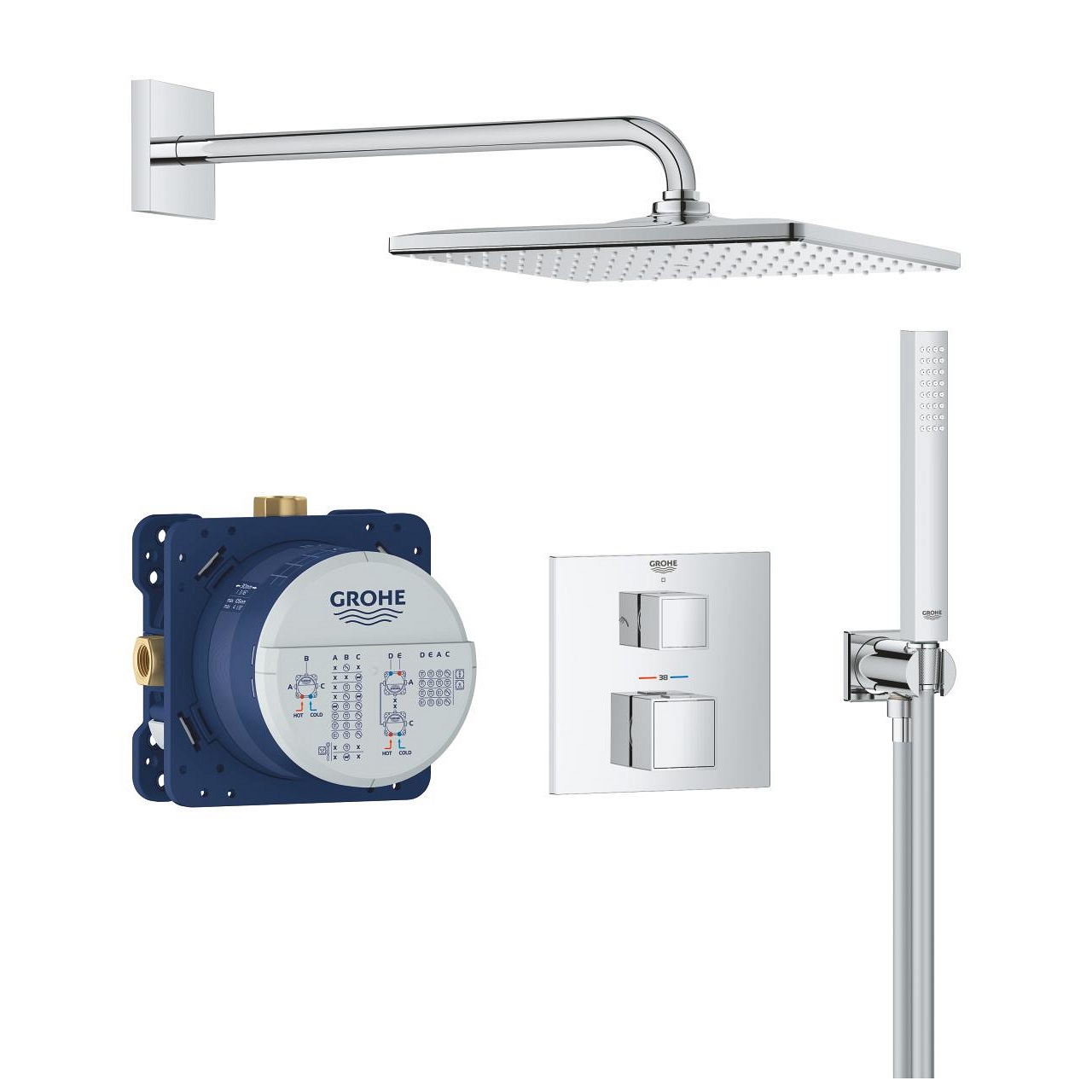 Grohe Precision Cube Sistema di Doccia Termostatico con Soffione Vitalio Rain Mono 310 Cube, 34879000 - Emissione Acqua 9,5 L/min, Supporto Flessibile 150 cm