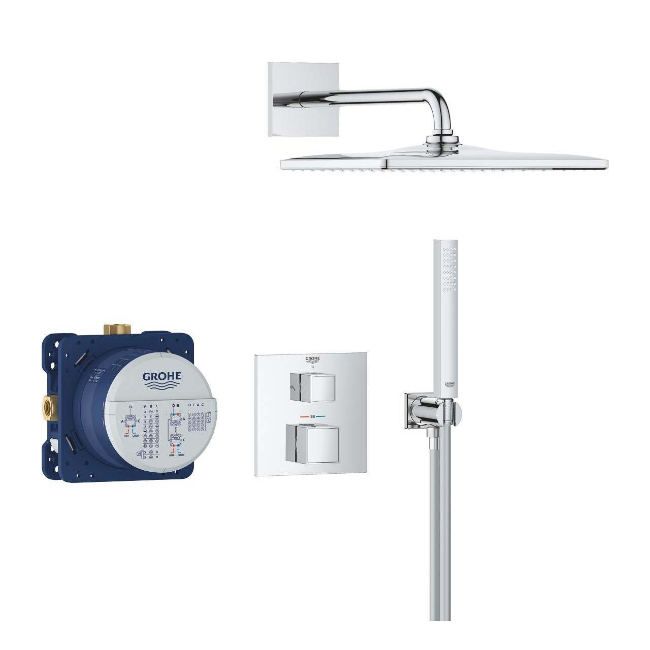 Grohe Precision Cube Sistema di Doccia Termostatico con Soffione Vitalio Rain Mono 310 Cube, 34879000 - Emissione Acqua 9,5 L/min, Supporto Flessibile 150 cm