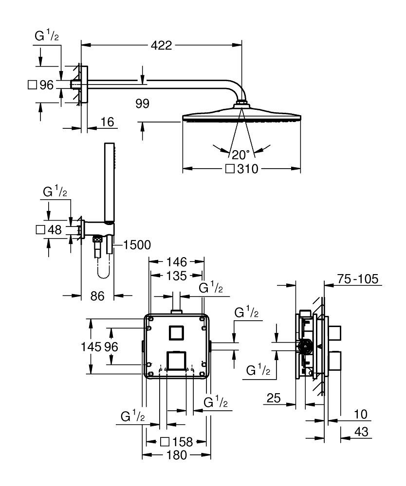 Grohe Precision Cube Sistema di Doccia Termostatico con Soffione Vitalio Rain Mono 310 Cube, 34879000 - Emissione Acqua 9,5 L/min, Supporto Flessibile 150 cm