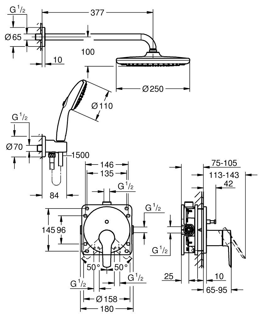 Grohe Vitalio Start 250 Sistema Doccia Cromo - Miscelatore Monocomando ad Incasso con Deviatore a 2 Vie, Soffione 250x250 mm, Velocità Acqua 9,5 L/min, Doccetta 110 mm