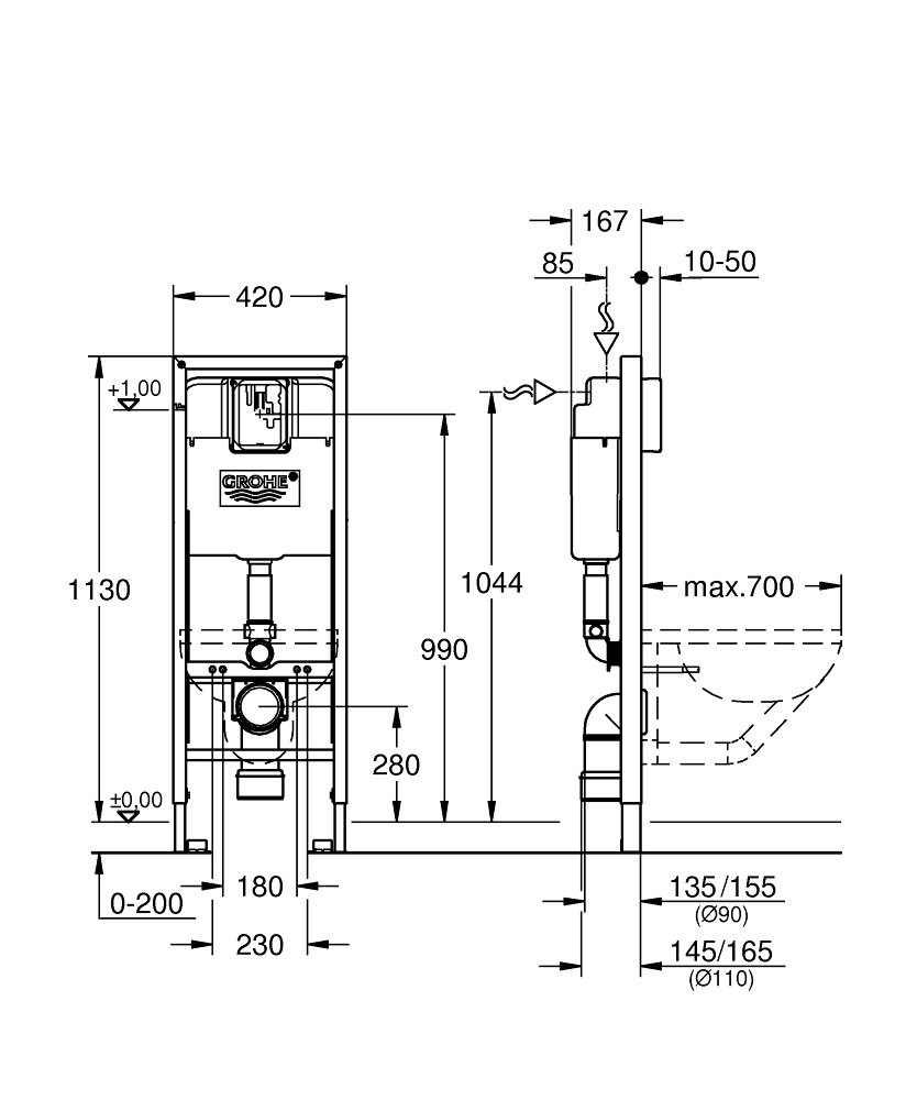 Grohe 38675001 Rapid SL Modulo con Cassetta WC Ad Incasso per Vaso Sospeso per Disabili - Altezza 1,13 m, Capacità Serbatoio 6 Litri
