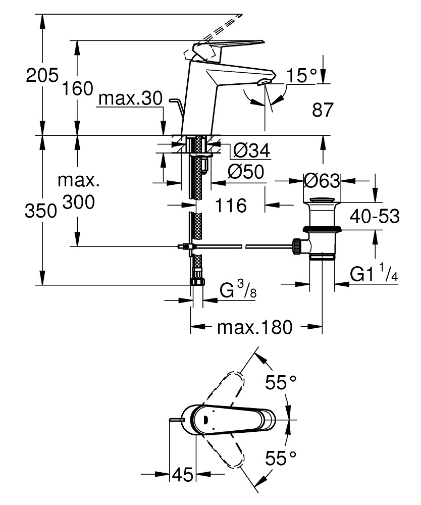 Grohe Eurodisc Cosmopolitan Miscelatore Monocomando per Lavabo S-Size Cromo con Piletta di Scarico e Tecnologie EcoJoy, SilkMove e StarLight