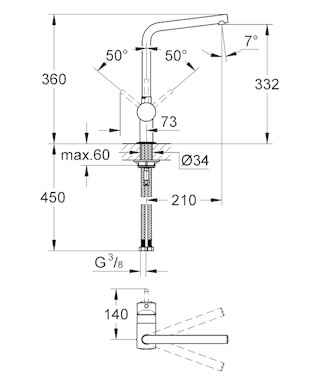 GROHE Minta - Miscelatore per lavello da cucina con bocca a L, angolo di rotazione 0°/150°/360°, cartuccia ceramica 46 mm, attacchi 3/8 pollici, altezza 332 mm, finitura cromo