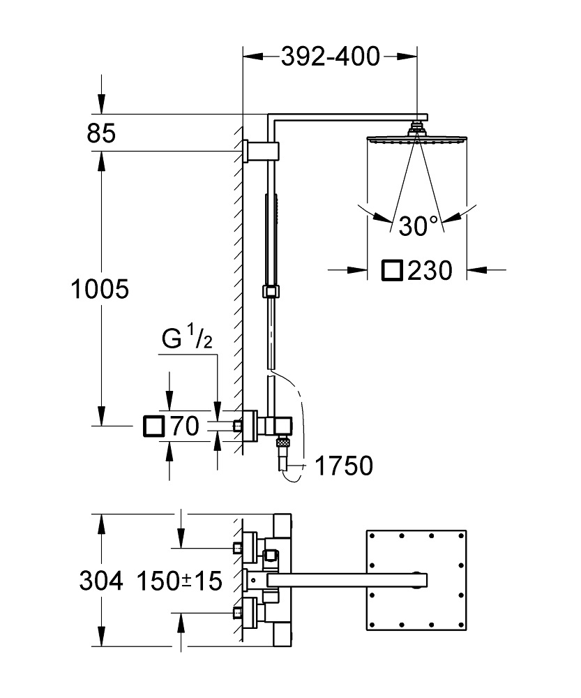 Grohe 26087000 Sistema Doccia con Miscelatore Termostatico, Cromo, Braccio Doccia 400 mm, Soffione Rainshower Allure 230 mm