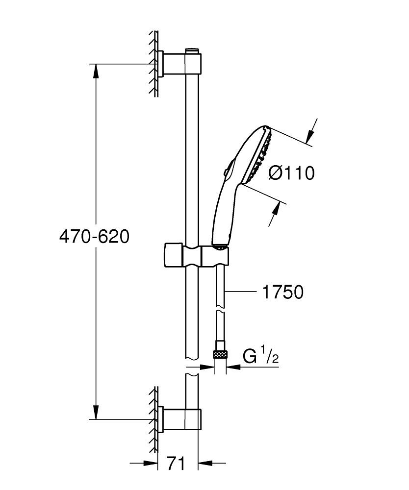 Grohe Vitalio Start 110 Set Doccia Cromo con 2 Tipi di Getto (Rain, Jet) - Composto da Manopola, Asta Doccia 600 mm e Flessibile 1750 mm