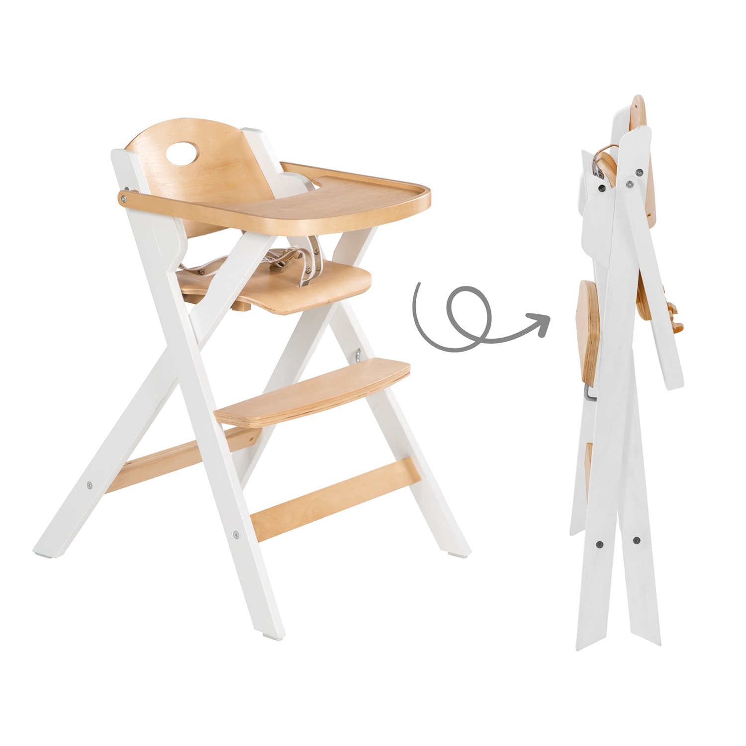 Roba Seggiolone per Bambini e Neonati Fold Up Smart - Chiudibile, Poco Ingombrante, con Vassoio, Cinghie Regolabili e Anti-ribaltamento - Legno Naturale / Bianco