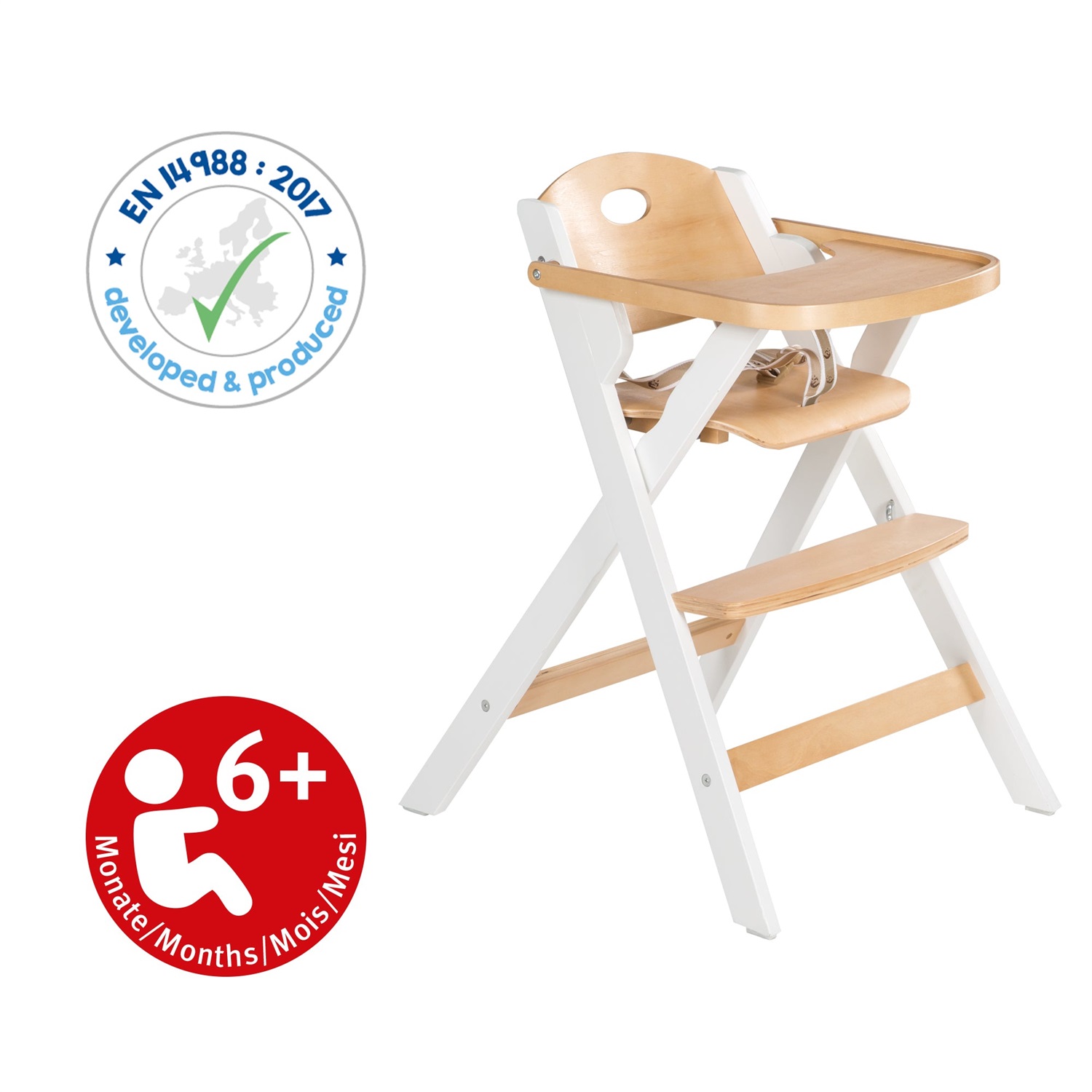 Roba Seggiolone per Bambini e Neonati Fold Up Smart - Chiudibile, Poco Ingombrante, con Vassoio, Cinghie Regolabili e Anti-ribaltamento - Legno Naturale / Bianco