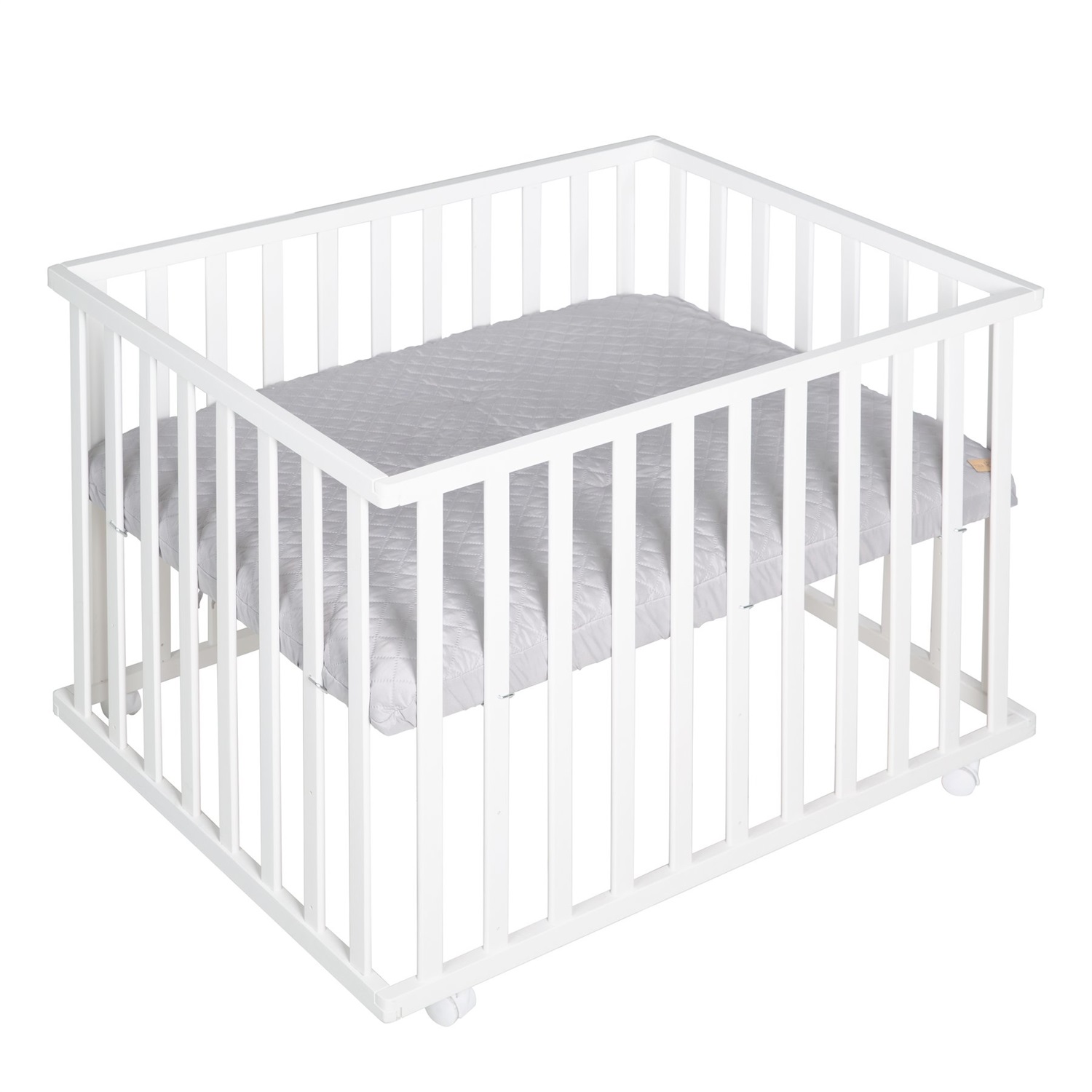 Roba Box per Bambini Roba Style - Rettangolare 75 x 100 cm - Bianco e Grigio con Cuscinetti di Protezione, Paracolpi, Base Regolabile a 3 Altezze e 4 Ruote con Freni