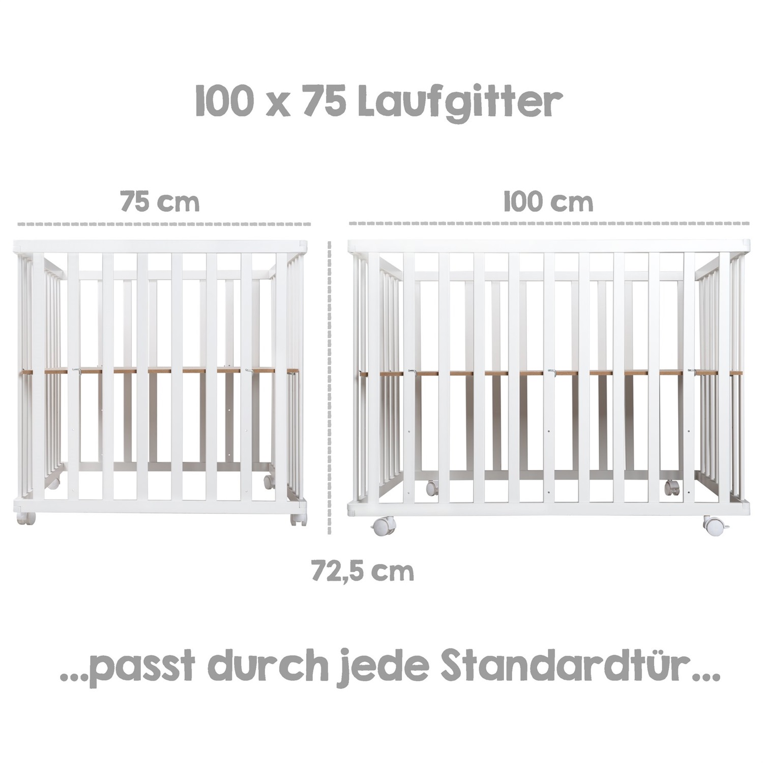 Roba Box per Bambini Roba Style - Rettangolare 75 x 100 cm - Bianco e Grigio con Cuscinetti di Protezione, Paracolpi, Base Regolabile a 3 Altezze e 4 Ruote con Freni