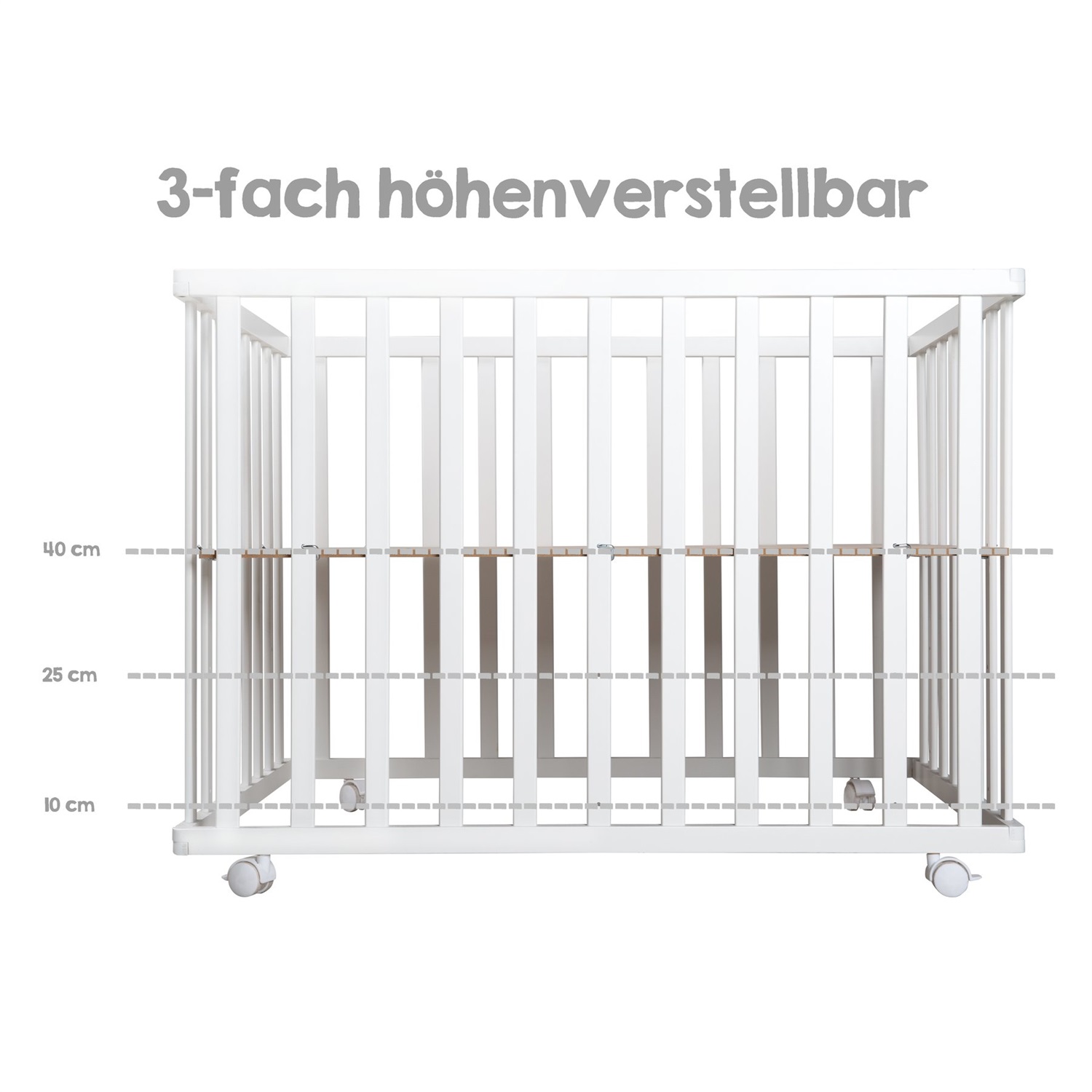 Roba Box per Bambini Roba Style - Rettangolare 75 x 100 cm - Bianco e Grigio con Cuscinetti di Protezione, Paracolpi, Base Regolabile a 3 Altezze e 4 Ruote con Freni