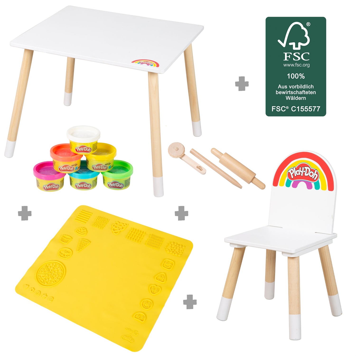 roba x Play-Doh Set Tavolo e Sedia per Bambini in Legno Certificato FSC - Include 6 Barattoli di Pasta Modellabile, 3 Strumenti e Tappetino Creativo 3D - Età da 3 Anni