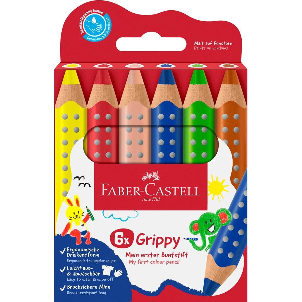 Faber-Castell Set Grippy: 6 Matitoni Colorati Jumbo per Bambini con Mina Spessa 10mm, Forma Ergonomica e Facilmente Lavabili