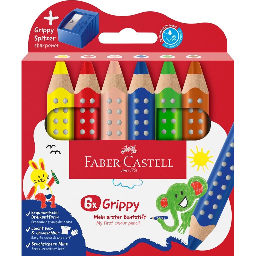 Faber-Castell 110635 Set Grippy - 6 Matitoni Colorati Jumbo Ergonomici, Facilmente Lavabili, Mina Spessa 10mm con Temperino Incluso