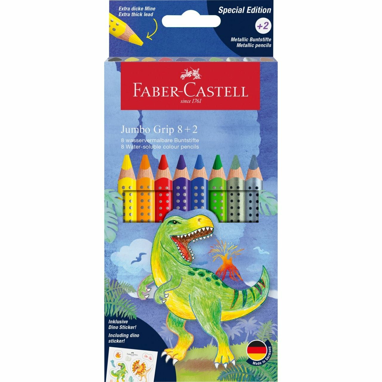Faber-Castell 110922 Set di Matite Colorate Jumbo Grip Dinosauri - 10 Pezzi (8 Colorate 2 Metalliche) con Impugnatura Ergonomica e Adesivi