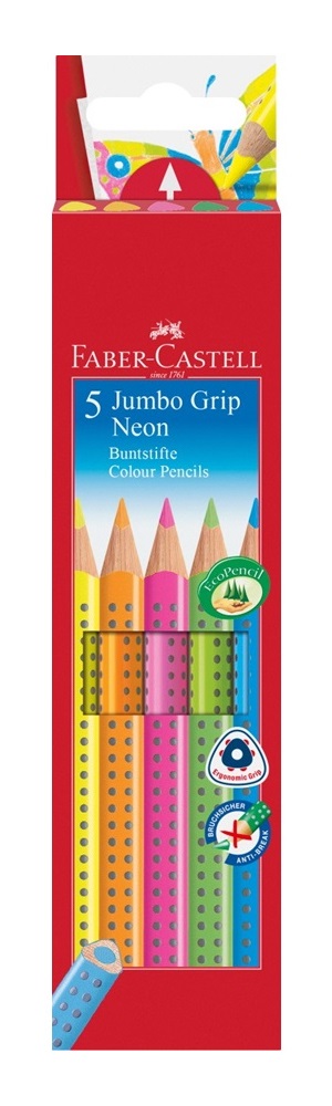 Faber-Castell Jumbo Grip Matite Colorate Neon 5 pz - Ergonomiche, Triangolari con Pallini Antiscivolo