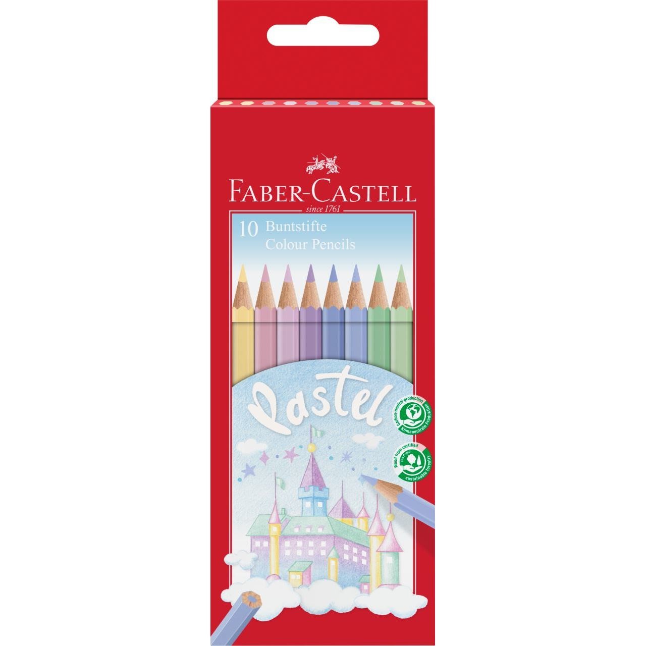 Faber-Castell 111211 Matite Colorate Pastello Esagonali - Confezione da 10 Pezzi, Alta Resistenza e Legno Eco-Sostenibile