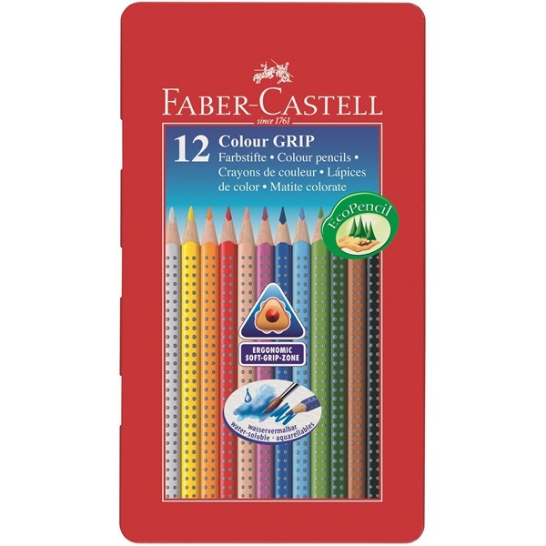 Faber-Castell Colour Grip - Astuccio in Metallo con 12 Matite Colorate Acquerellabili, Forma Triangolare Ergonomica e Zona Grip Antiscivolo