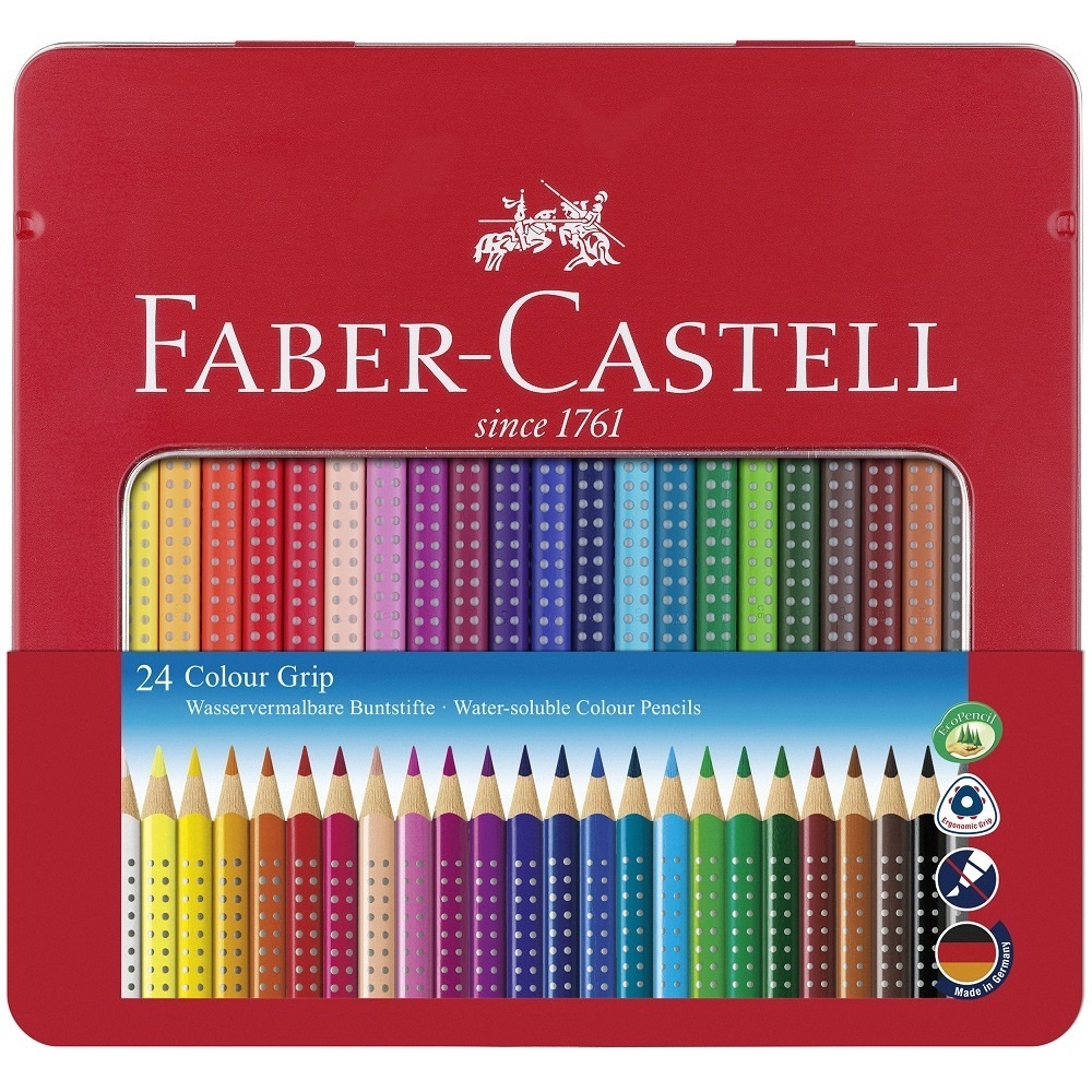 Faber-Castell Colour Grip - Matite Colorate Acquerellabili in Astuccio di Metallo da 24 Pezzi