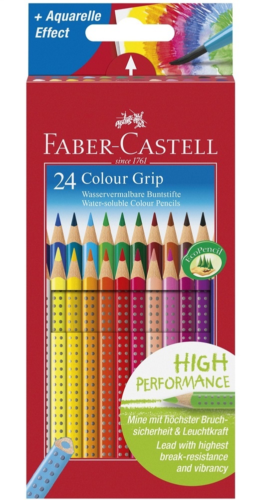 Faber-Castell Matite Colorate Acquerellabili Colour Grip - Scatola da 24 Pezzi con Sezione Triangolare Ergonomica e Zona Grip Antiscivolo