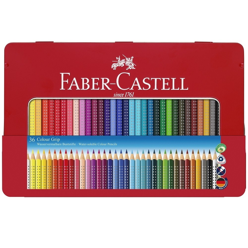 Faber-Castell Matite Colorate Acquerellabili Colour Grip - Astuccio in Metallo da 36 Pezzi, Ergonomiche e Atossiche