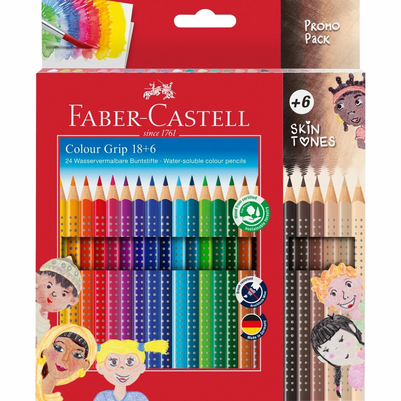 Faber-Castell 112819 Set di Matite Colorate Colour Grip, 24 Pezzi con 18 Colori Assortiti e 6 Colori della Pelle