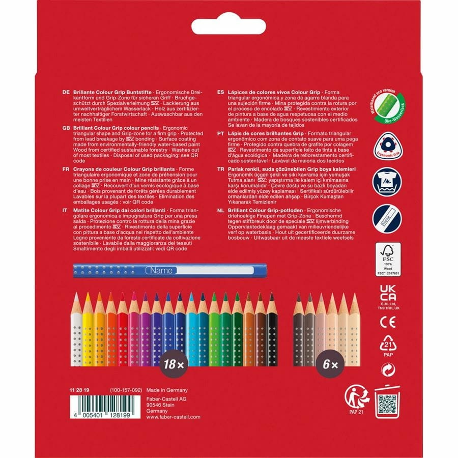 Faber-Castell 112819 Set di Matite Colorate Colour Grip, 24 Pezzi con 18 Colori Assortiti e 6 Colori della Pelle