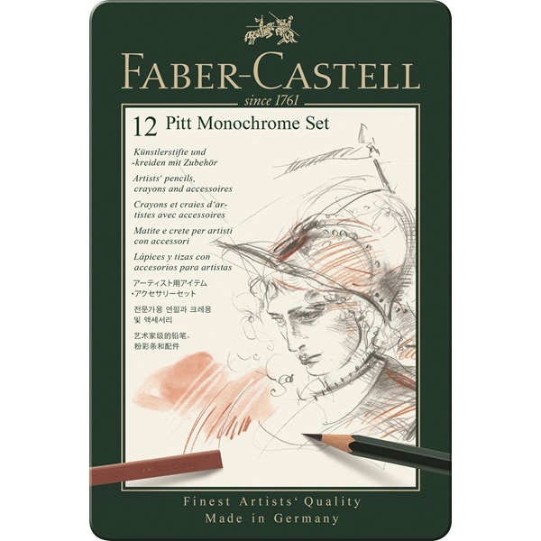 Faber-Castell Pitt Monochrome Set da Disegno - 12 Pezzi in Confezione di Metallo