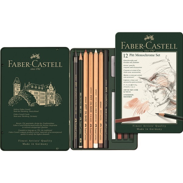 Faber-Castell Pitt Monochrome Set da Disegno - 12 Pezzi in Confezione di Metallo