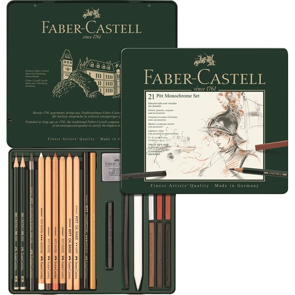 Faber-Castell Set da Disegno Artistico in Metallo - 21 Pezzi con Matite Grafite, Pastelli e Gessetti