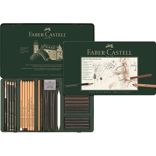 Faber-Castell Set Pitt Monochrome in astuccio di metallo, 33 pezzi per belle arti