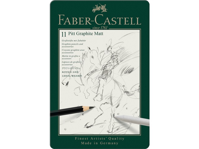 Faber-Castell 115220 Set di Matite Pitt Graphite Matt - 11 Pezzi con Astuccio Metallico, Gomma, Temperino e Salvietta per Carta