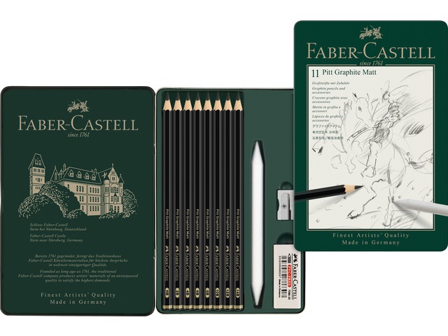 Faber-Castell 115220 Set di Matite Pitt Graphite Matt - 11 Pezzi con Astuccio Metallico, Gomma, Temperino e Salvietta per Carta