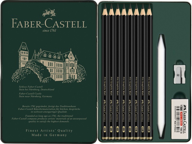 Faber-Castell 115220 Set di Matite Pitt Graphite Matt - 11 Pezzi con Astuccio Metallico, Gomma, Temperino e Salvietta per Carta